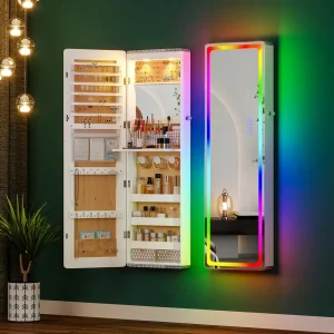 HNEBC LED Mirror Jewelry Cabinet with RGB Lights, 47.2" Wall-Mounted Wooden Armoire Organizer, Full-Length Mirror, 2 Drawers, Lockable Storage for Bedroom & Bathroom, Contemporary Design, White Hardwood Finish