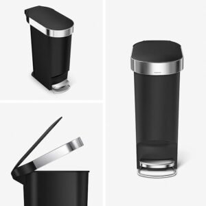 simplehuman CW1390 ถังขยะแบบเหยียบสำหรับใช้ในครัวขนาด 40 ลิตร พร้อมขอบซับ ฝาปิดแบบปิดนุ่มเงียบ พลาสติกสีดำ กว้าง 51.30 ซม. x สูง 61.50 ซม. x ลึก 26.00 ซม.