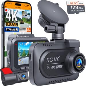 กล้องติดรถยนต์ ROVE R2-4K DUAL Dash Cam หน้าและหลัง เซ็นเซอร์ STARVIS 2 พร้อมการ์ดความจำ 128GB ฟรี Wi-Fi 5G - ความเร็วในการดาวน์โหลดสูงสุด 20MB/วินาที พร้อมแอป กล้องติดรถยนต์ความละเอียด 4K 2160P/FHD หน้าจอ IPS 3 นิ้ว โหมดจอดรถ 24 ชั่วโมง